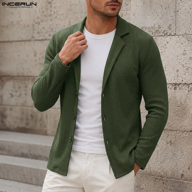 INCERUN Men's Cardigan Solid Color Lapel Long Sleeve Button Casual Men Clothes Knitted Streetwear Vintage Tops Male Sweater 2026