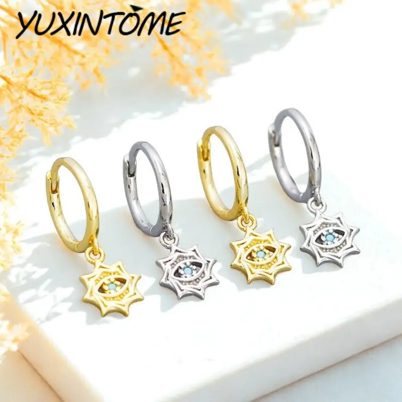 

925 Sterling Silver Needle Retro Classic Eight-Ray Star Demon Eye Zircon Circle Earring Pendant Women Fashionable Street Jewelry