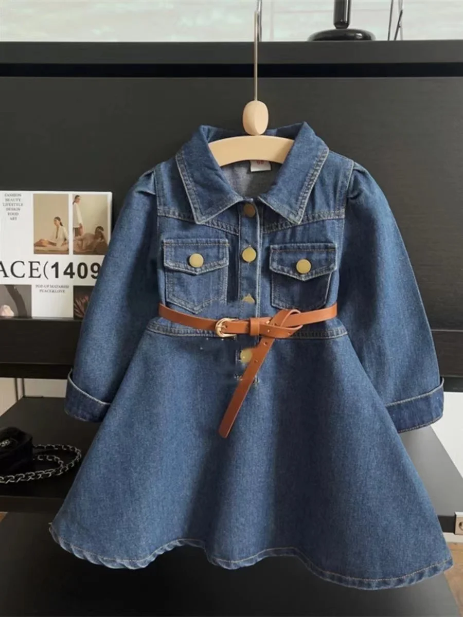 

1 3 5 7 9 10Y New Korean Girl Denim Long Sleeve Dress Children Wash Soft Denim Dress 90-140cm Kids Clothing