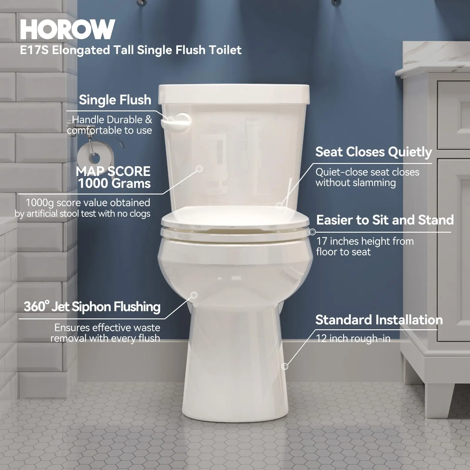 17 Inch High Elongated Toilet with ADA Chair Height, Two Piece Toilet with Powerful 1.28 GPF Single Flush, MAP 1000g