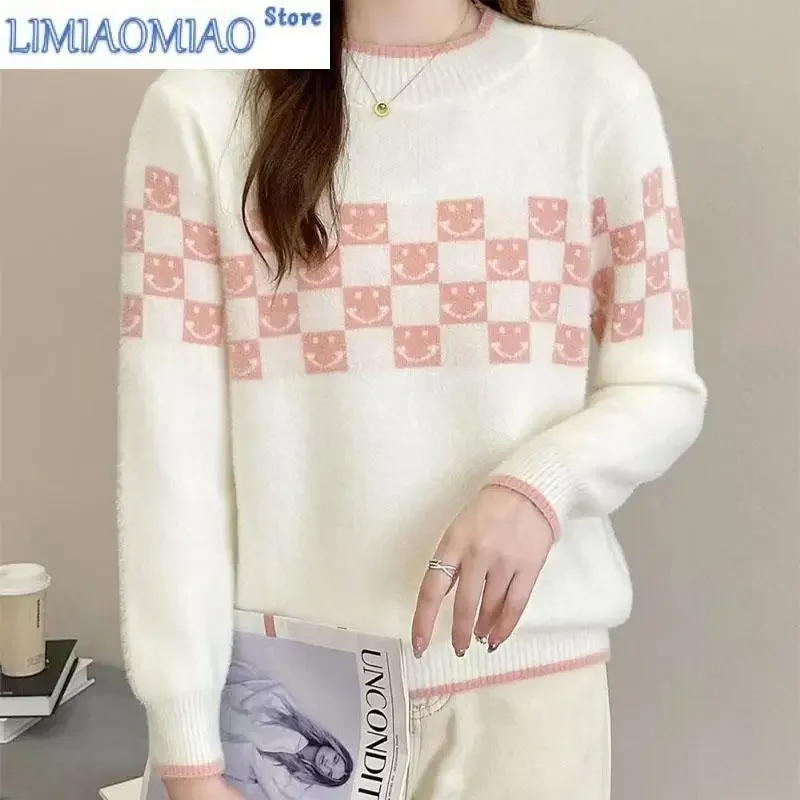 

New Autumn/Winter Fashion Korean Edition Mink Fleece Color Block Thickened Half High Neck Loose Versatile Slim Women's Sweater