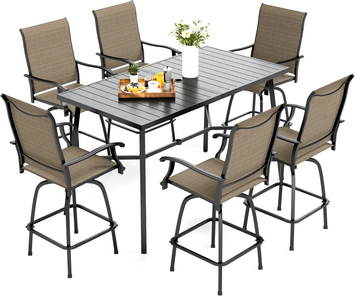 

Patio Bar Set of 7 with 1 Heavy Duty Metal Slat Bar Table with 6 Pieces Sling Outdoor Height Stool,Breathable Textilene Fabric