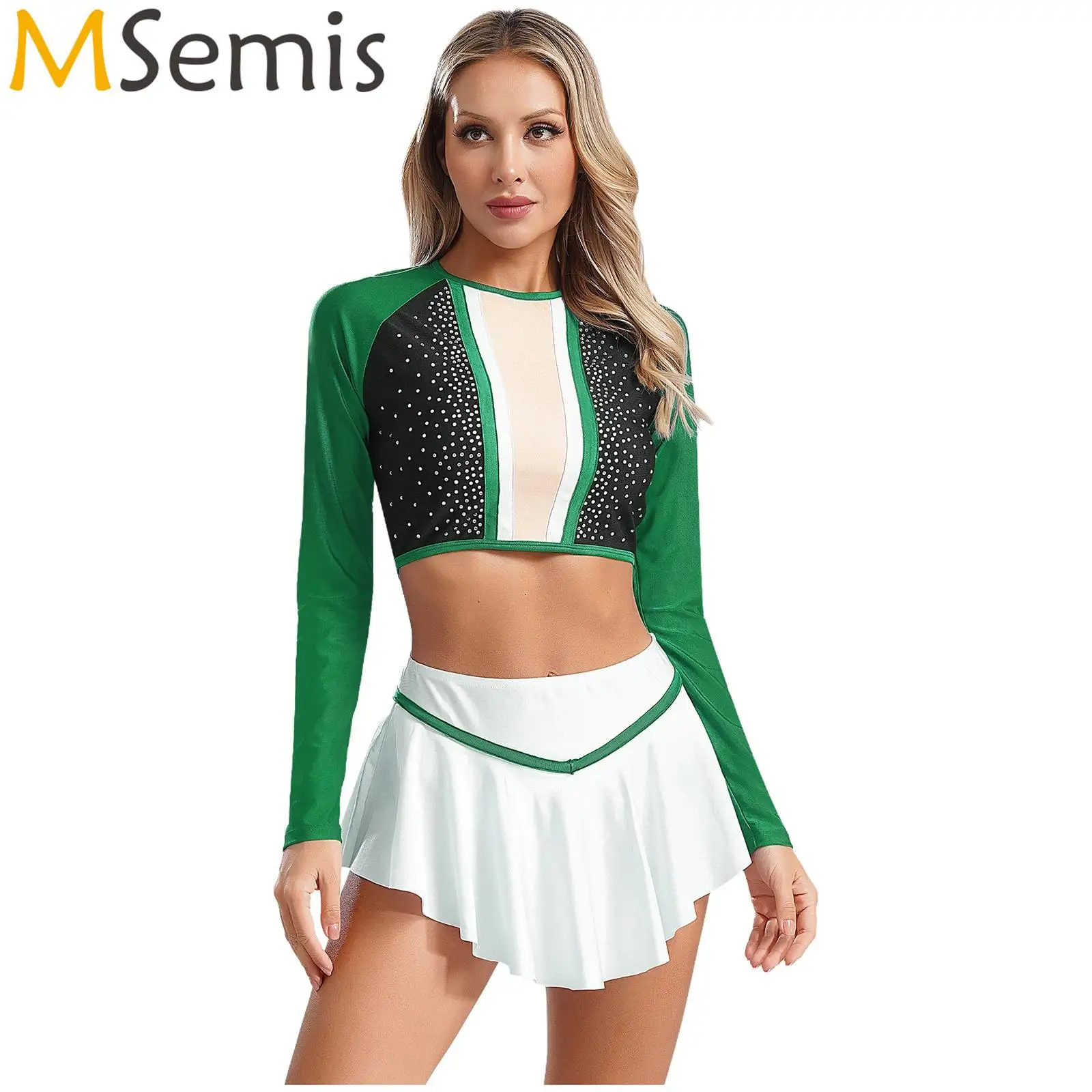 Womens Cheerleading Uniform School Girls Party Dance Outfit Tops Long Sleeve Cutout Back Sparkly Rhinestones Crop Top with Skirt