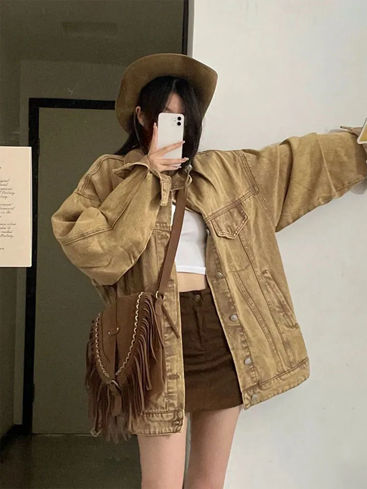 

Американский Винтажный стиль Harajuku Свободный кардиган верхняя одежда женская модная повседневная джинсовая куртка с вышивкой сзади куртка женская