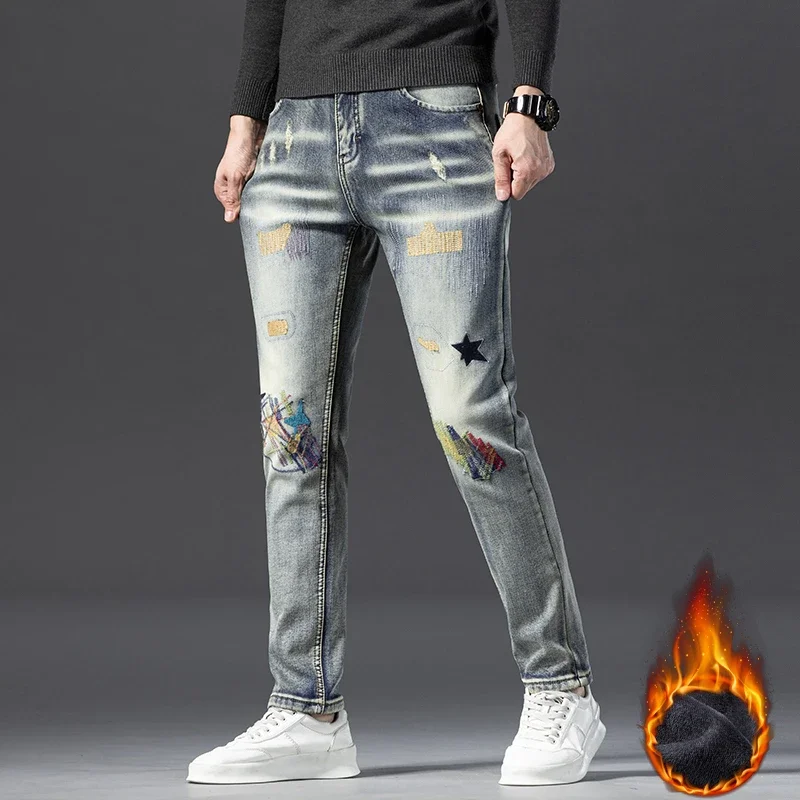 

Men's Embroidered Fce Lined Thi Straight Leg Jeans Faionable Retro American Brand Casual Wear Autumn Winter New Sle