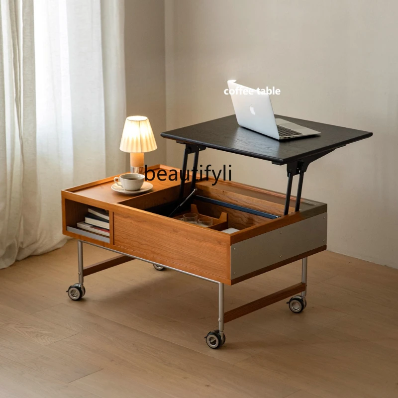 

Adjustable Coffee Table Solid Wood Living Room Sofa Movable Side Table Home Tea Table Small Apartment