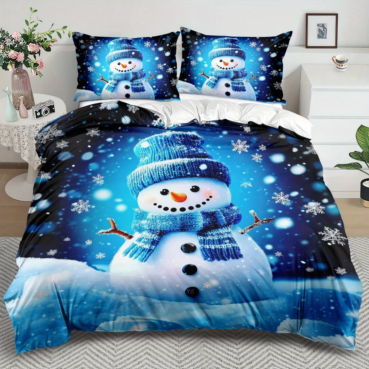 3-Piece Christmas Snowman Bedding Set, Christmas Snowflake Duvet Cover Set, Blue Duvet Cover, Bedroom Decoration, 2D Christmas Decoration for Guest Room, Flat Print (Includes 1 Duvet Cover + 1-2 Pillowcases)