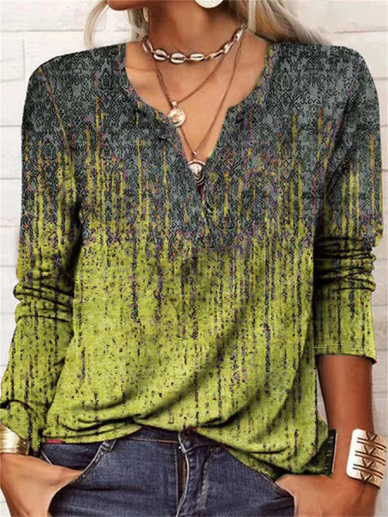 

Женская футболка с длинным рукавом и v-образным вырезом с принтом, повседневный свободный топ