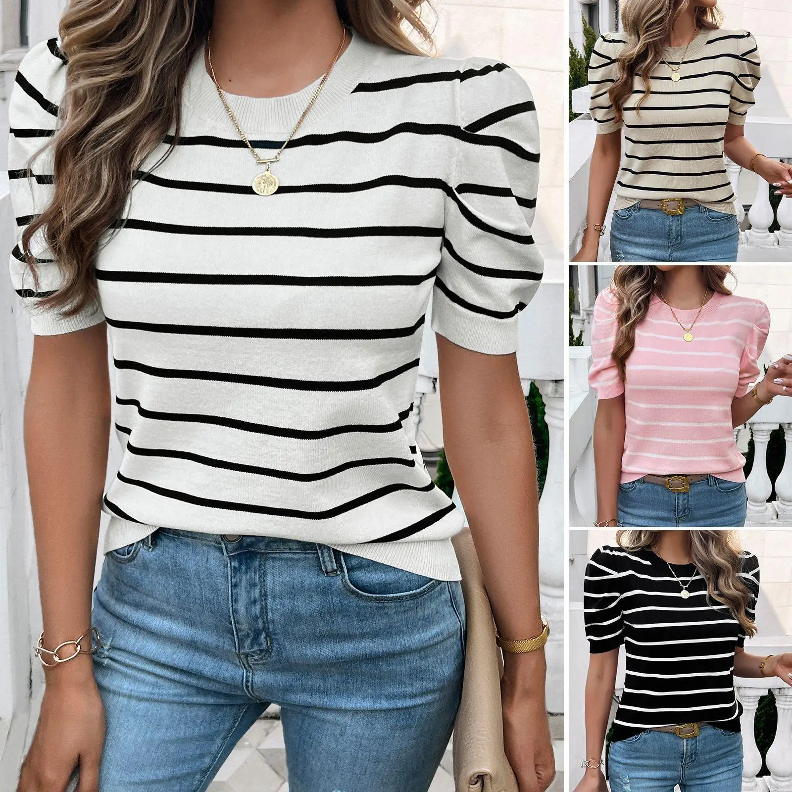 

Ele ort Sve Women's Sweater Striped Bubble Sve Polyester Fiber Thin Summer Casual Wear Comfortable Fit Knitwear