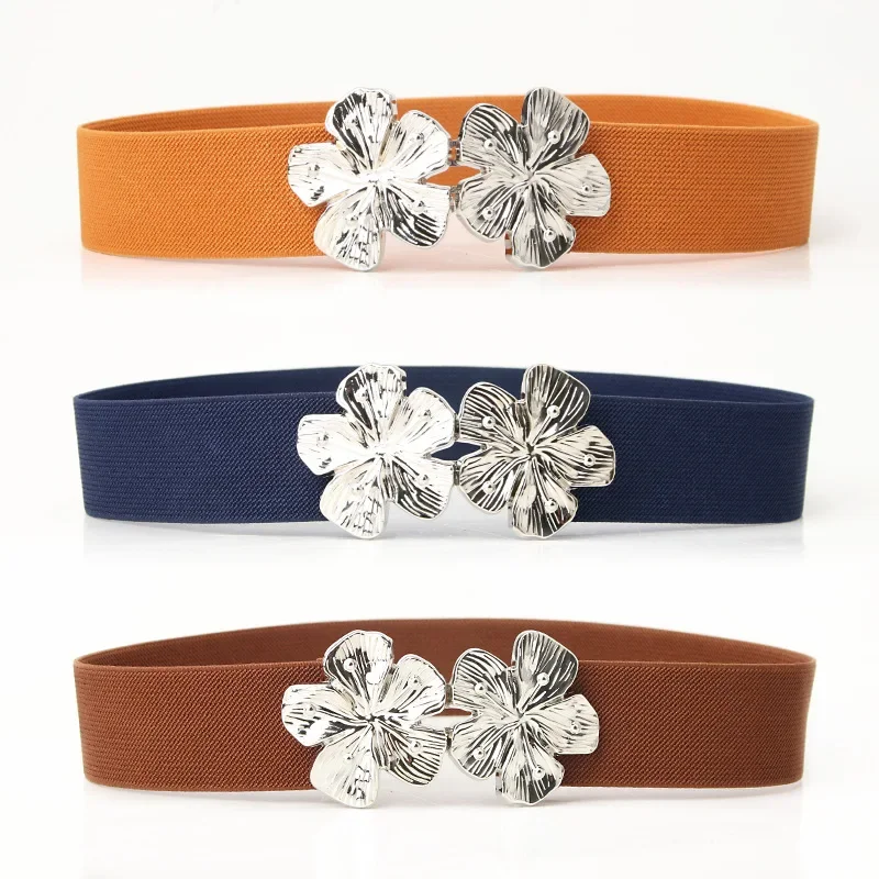 

New European and American Elastic Elastic Women's Belt Fashionable Versatile Flower Buckle Decorative Belt with Coat Waist Seal