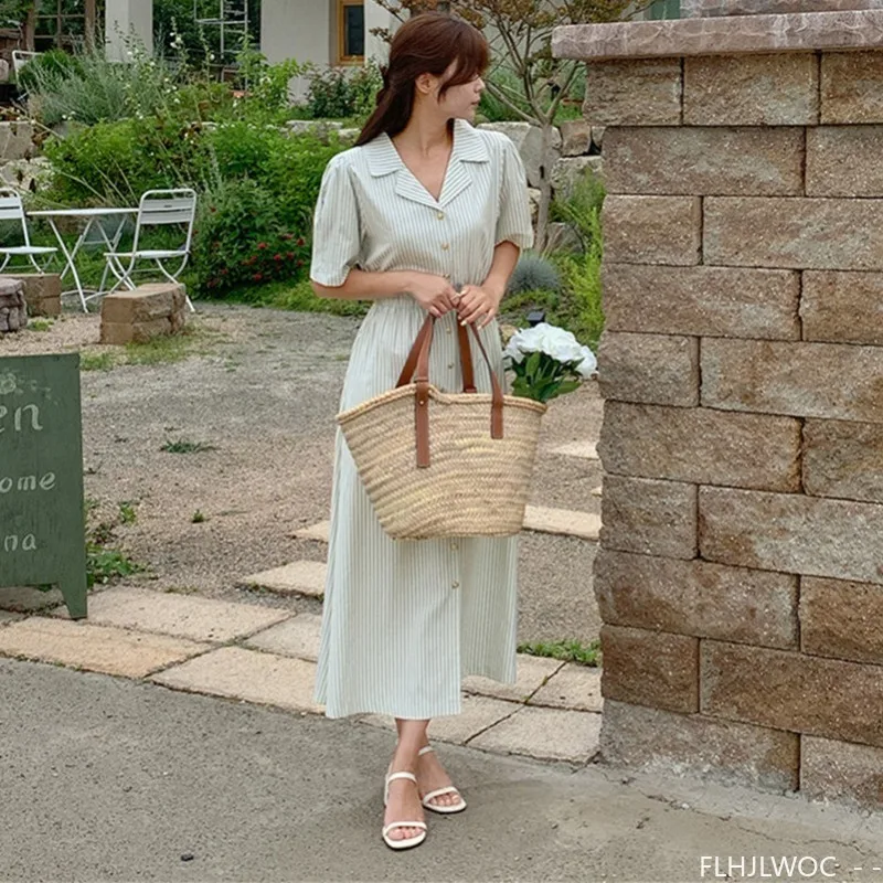 Baumwolle Leinen Feminine Vestidos Chic Korea Mode Kleidung Frauen Büro Dame Vintage Einreiher Taste Streifen Hemd Kleid