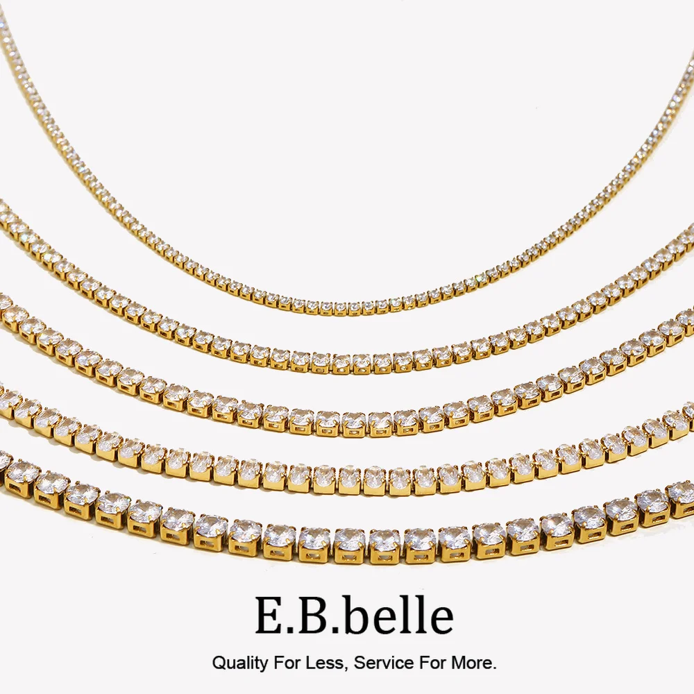 E.B.belle 2mm3mm4mm5mm Shiny Luxury 3A Zircon Tennis Chain Necklaces For Woman Stainless Steel Gold Plated Bridesmaid Necklace