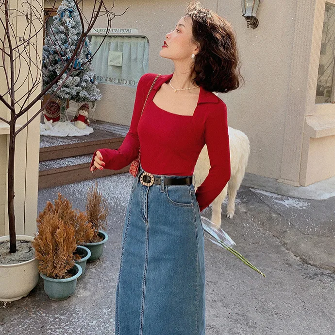 

6469 Tight Elastic Knitted Sweater Hong Kong Style Square Neck Slim Fit High Waist Short Base Shirt For Women
