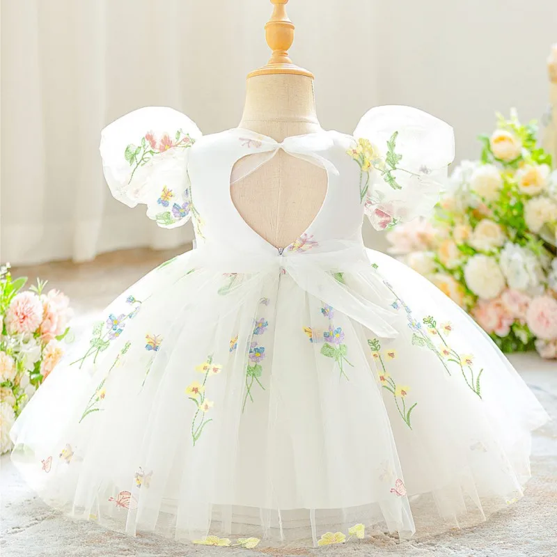 เด็กสาวเจ้าหญิงดอกไม้เย็บปักถักร้อยชุดพัฟแขนทารกเด็กวัยหัดเดินเด็กTulle VestidoวันเกิดPartyเสื้อผ้าเด็ก 0-3Y