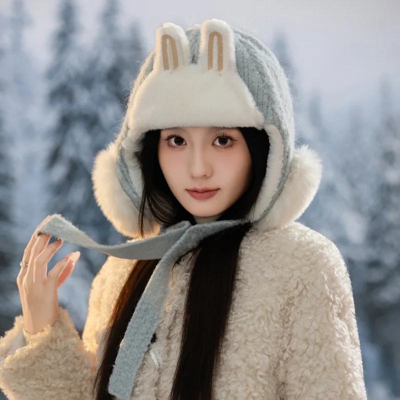 

Korean Sweet and Cute Rabbit Ears Plush Lei Feng Hat Winter Outdoor Riding Warm Ear Protectors Lace Up Bomber Hats for Women's