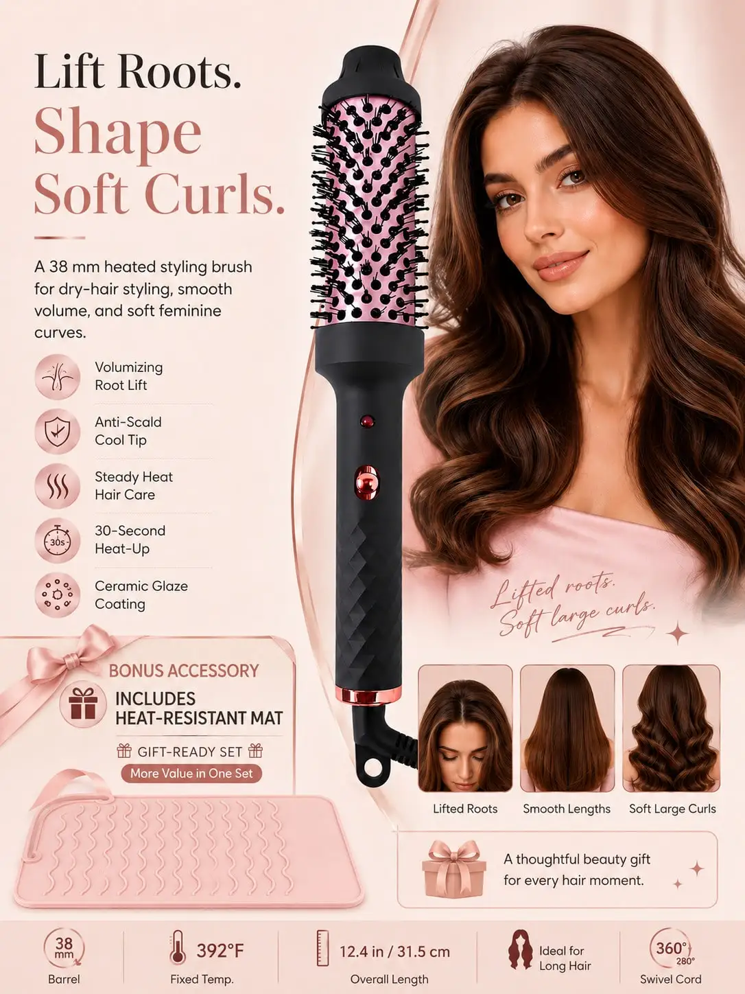 Hair Straightener Brush For Hair, Hair Curling Iron For Hair, Hair Curler For Hair, Hair Curlers, Curly Hair Tools For Styling, Curly Hair Stuff, Hair Brushes For Women, Pink Ceramic Thermal Brush, For Home Salon, Party, sb260531172150185905069