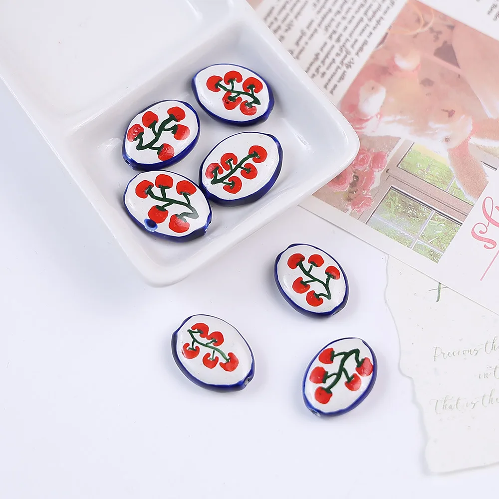5PCS 22*16mm Hand Drawn Cartoon Fruit Flower Ceramic Beads For Jewelry Making Interval Bead Necklace Bracelet Craft DIY Supplie