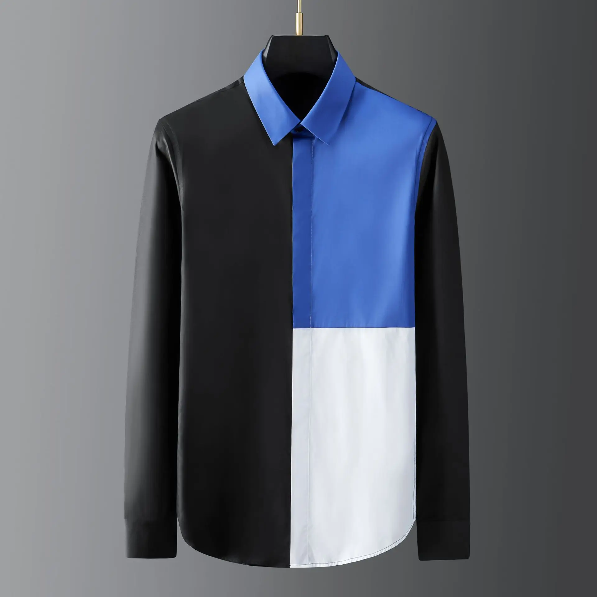 

Trendy brand new business casual blue and white spliced men's high-end long sleeved shirt factory direct sales