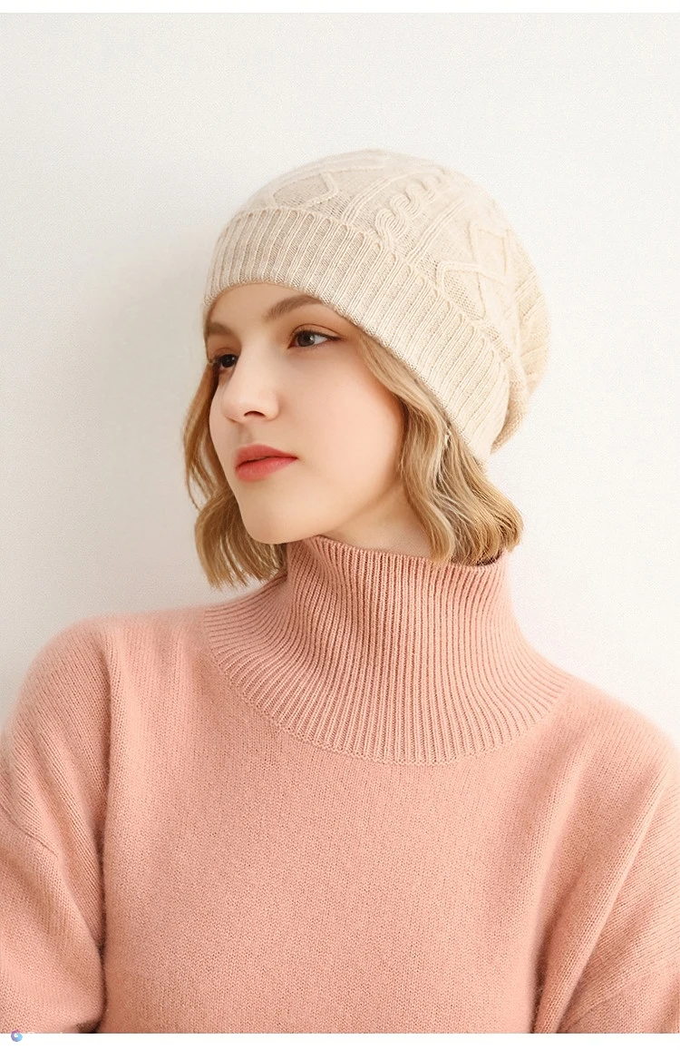 100% Pure Cashmere Beanies for Women Winter Rhomb Pattern Solid Warm Soft Luxury Cashmere Hat Y2k Hip Hop Ear Protect Skullies