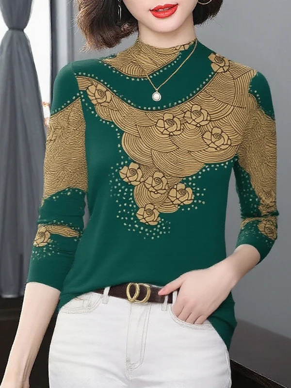 

Thickened Fleece Long Sleeve Print Base Shirt Half High Collar Mommy's Fashion for Middle-Aged Women Warm Slimming Top