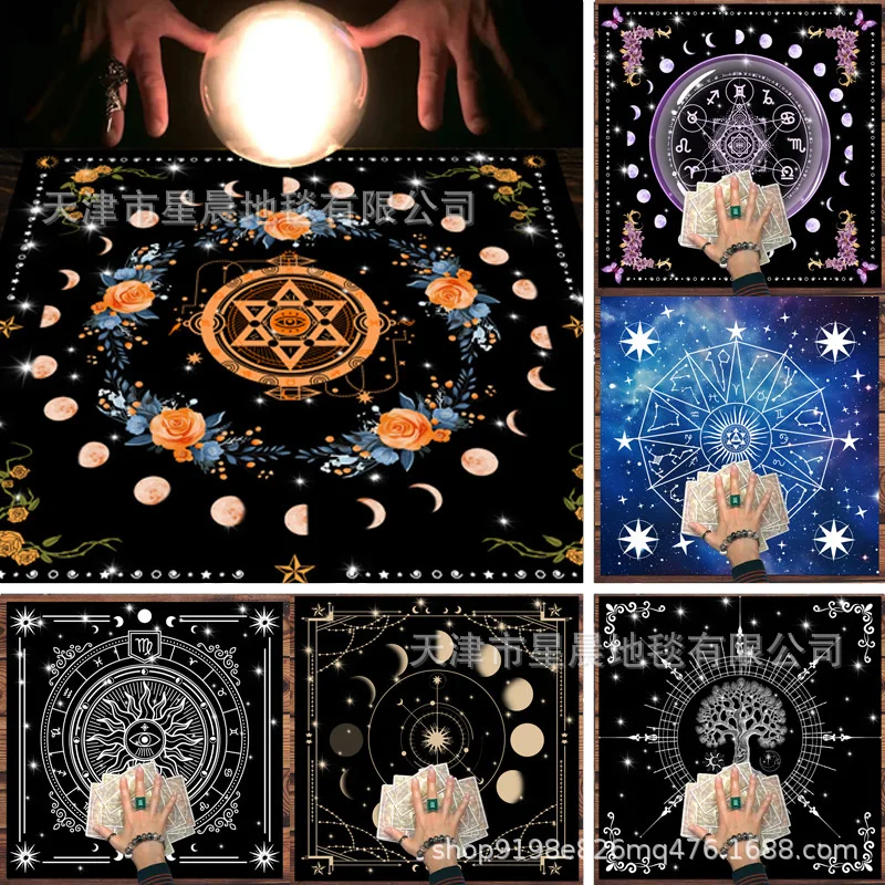 VIKAMA Zodiac Wheel Pentagram Tarot Altar Cloth Black Moon Phase Witchcraft Divination Tablecloth Ritual Decor