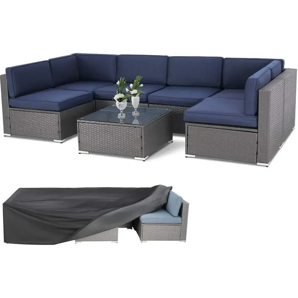 7 Piece Outdoor Sectional Soa Patio urniture Set, All-Weather PE Grey Wicker Patio Contion Set with Washable Cushion, Glass Tabl