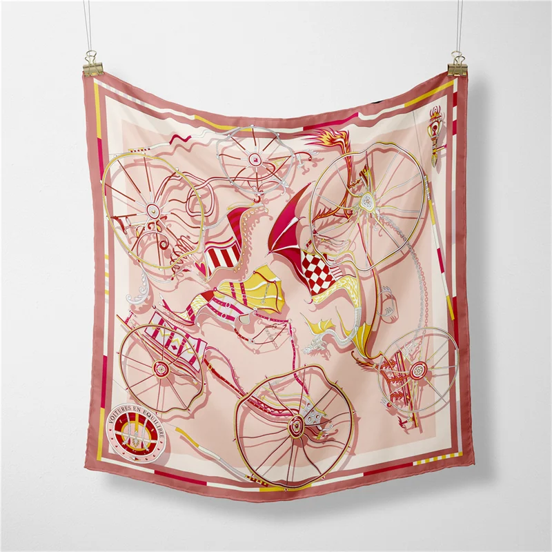 Twill Silk Scarf Woman Carriage Wheel Print Square Scarves Wraps Bandana Small Hijab Silk Foulards Tie Headband Neckerchief 53CM