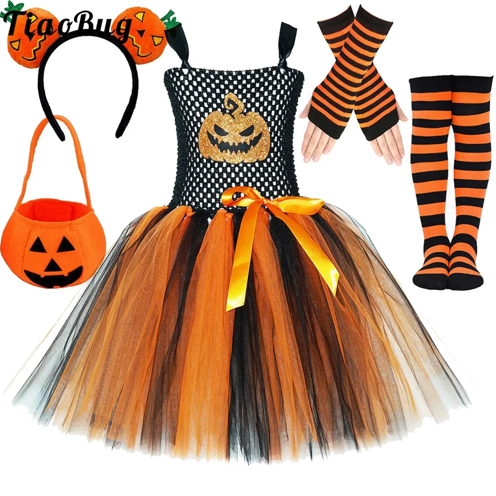 

Kid Girls Halloween Witch Cosplay Costume Pumpkin Set Print Patchwork Mesh Puffy Dress with Hair Hoop Bag Stripe Gloves and Sock