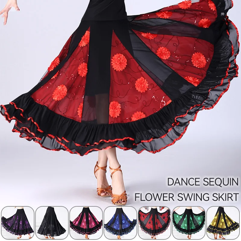 

Women Ballroom Dance Dress Sequin Flower Spanish Big Swing Skirts Jazz Modern Dance Skirts Competition Stage Performance Costume