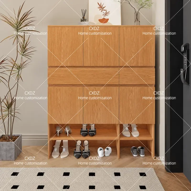 All Solid Wood Oak Shoe Cabinet with Integrated Stool Household Entryway Storage Bench Foyer Shoe Changing Cabinet for Home