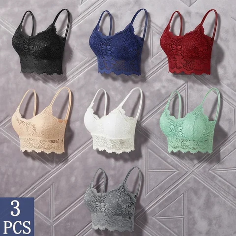 3PCS Women's Lace Bras Top Comfortable Bralette Solid Color Sexy Underwear Vest Female Hollow Out Wireless Lingerie Seamless Bra