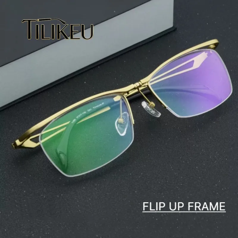 New Pure Titanium Flip Up Eyeglasses Frame Men's Business Half Rim Glasses Frame Retro Square Eyeglass Frame for Men