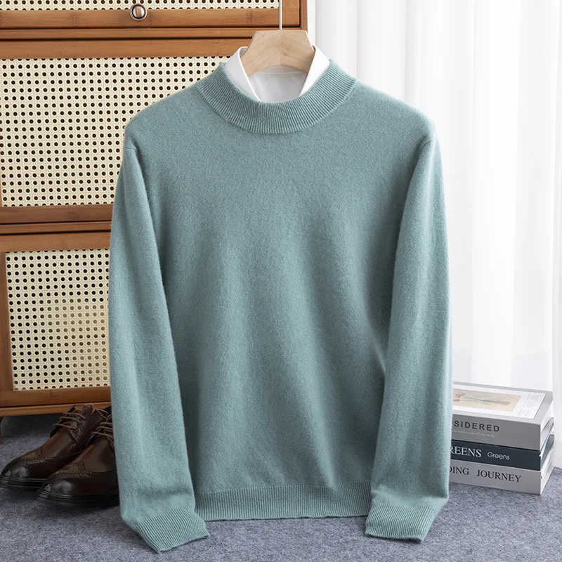 New Fashion Men\'s 100% Wool Pullover Half-high Collar Sweater Autumn Winter Warm Solid Color Knit Sweater Business Casual Top