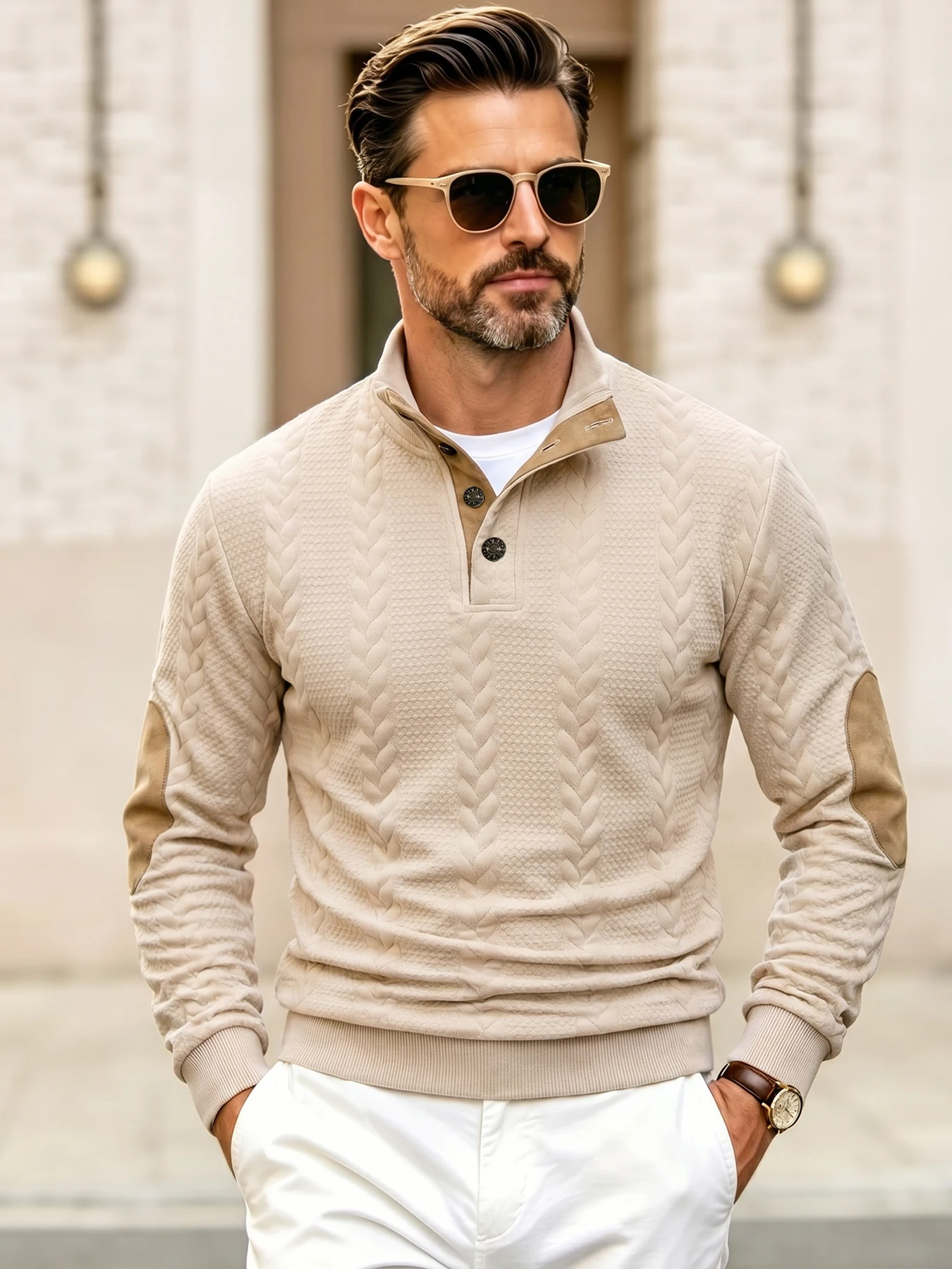 Men's Stand Collar Cable Knit Sweatshirt Spring Fall Pullover Button Placket Elbow Patches Ideal For Casual Outings, Work