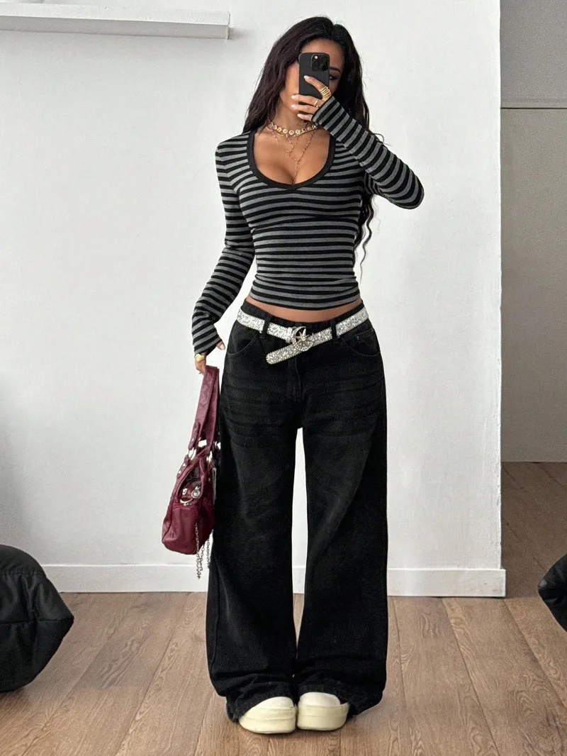 KEXU dames contrasterend gestreept T-shirt met V-hals en lange mouwen herfst winter slanke top tees streetwear