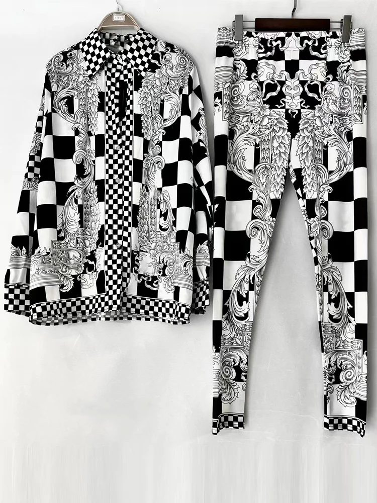 

Роскошная весенняя новая рубашка с длинными рукавами и геометрическим принтом с лацканами + эластичная талия, узкие брюки, женский модный костюм из двух предметов