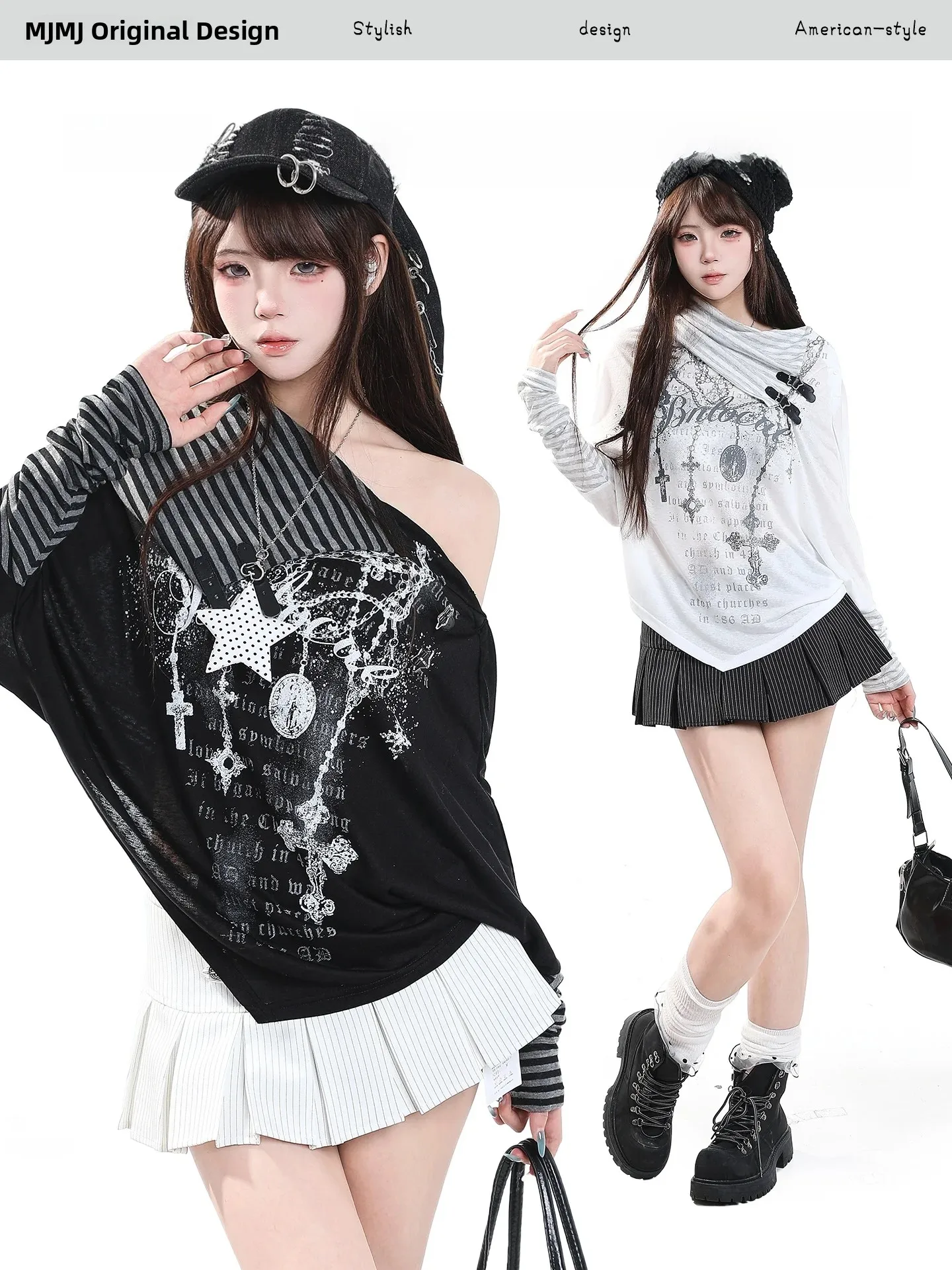 Casual Stripe Color Block Long Sleeve T-Shirt Women's Autumn Slim Fit Unique Beautiful Slant Collar Top Design Sense Creative