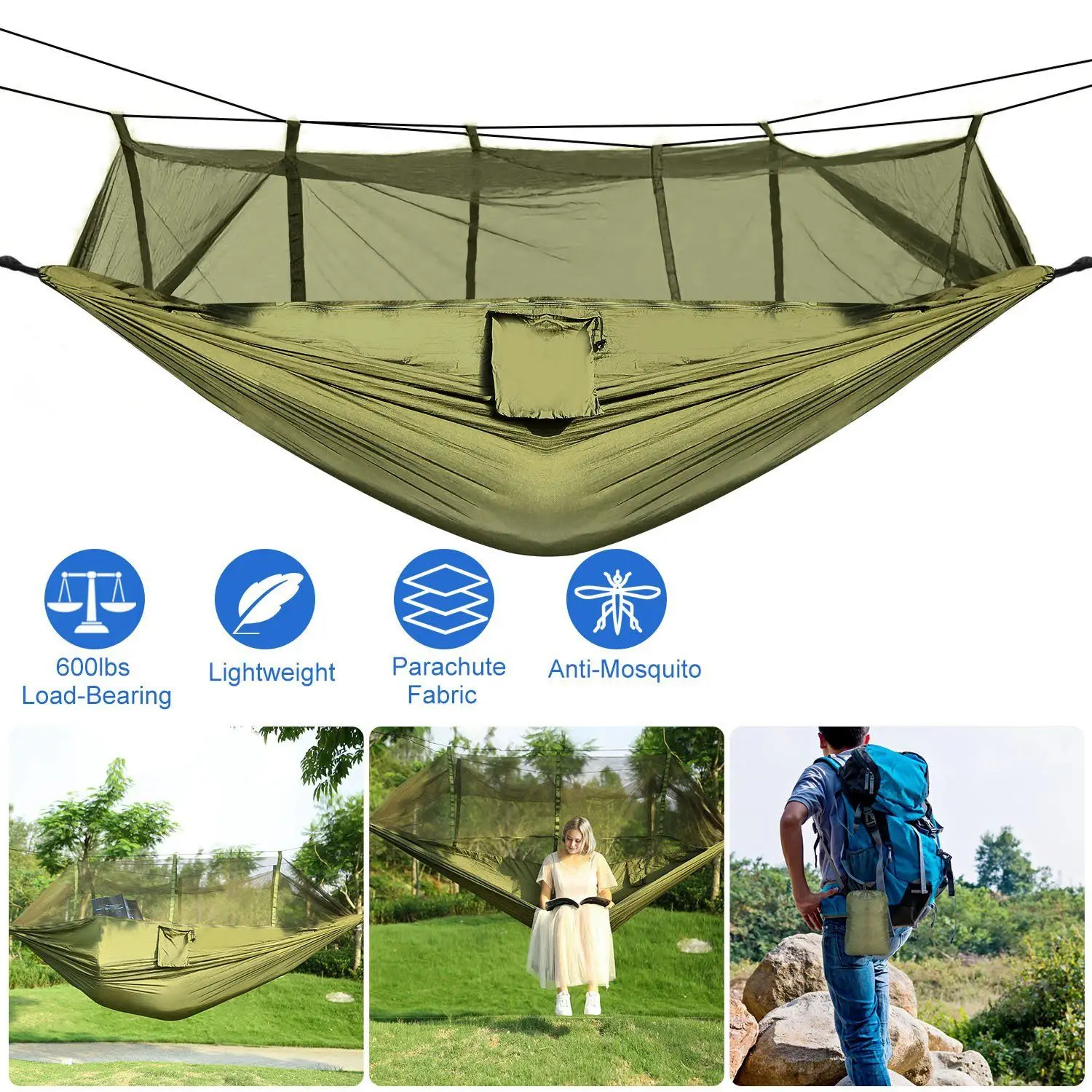 Camping Hammock with Mosquito Net, Portable Double Hammock Tent Load Two People with 2 Straps, Best for Outdoor Garden Hiking Tr