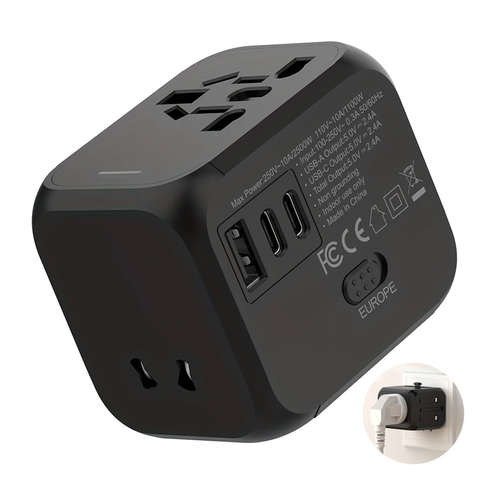 

Адаптер для путешествий 2,4 А, элегантный преобразователь с эргономичной конструкцией по всему миру, подходит для камеры для ноутбука, смартфона