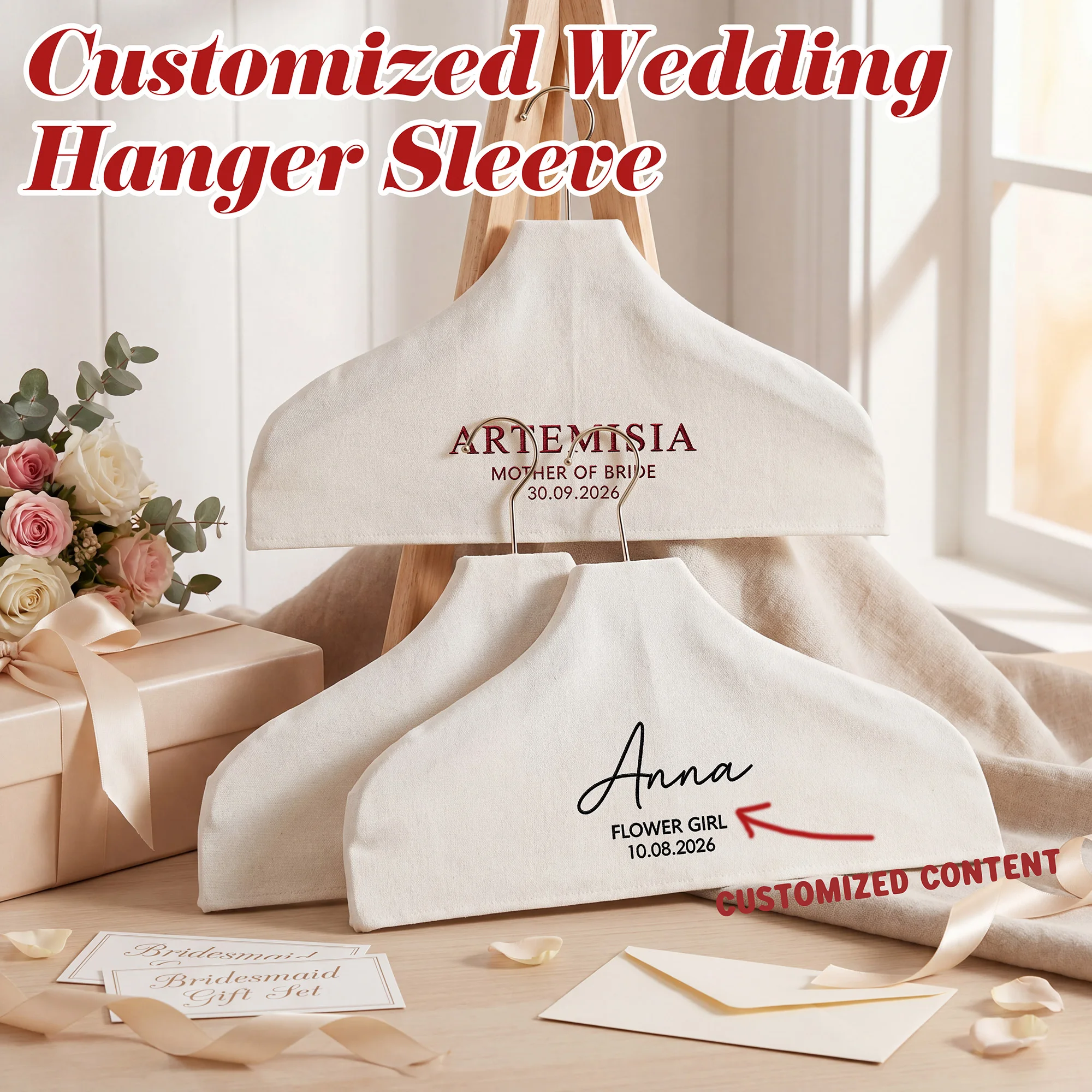 Personalized Embroidered Wedding Hanger Sleeve, Custom Name Dress Hanger Cover, Bridal Party Hanger Wrap, Bridesmaid Gift