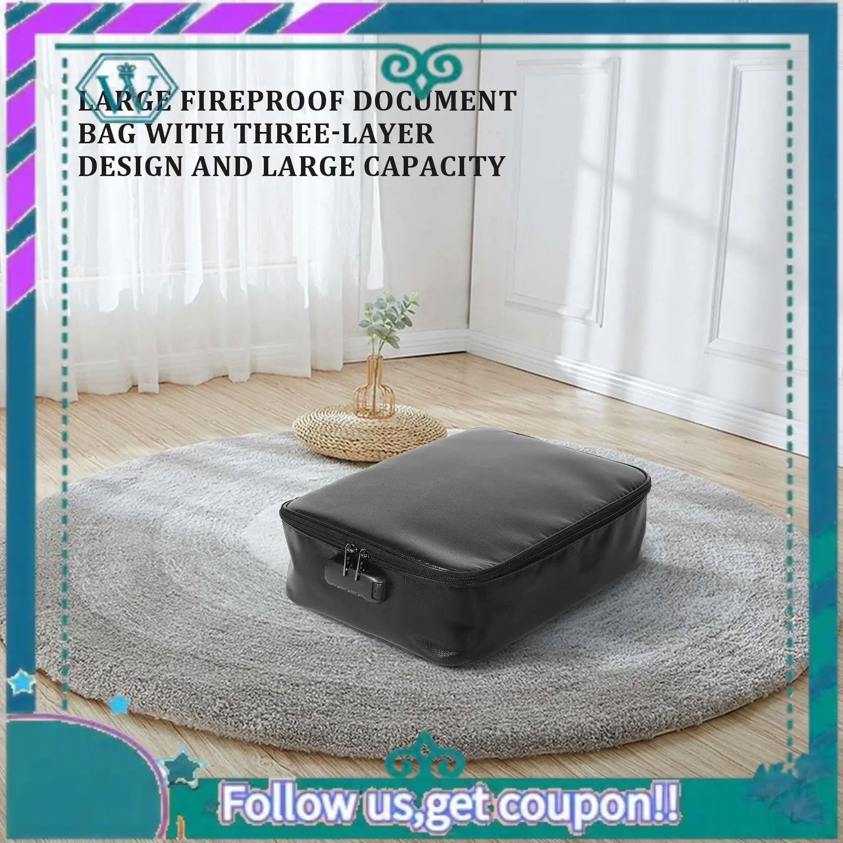 Sac à documents amélioré avec serrure, ignifuge à 3 couches avec fermeture éclair, pour ordinateurs portables