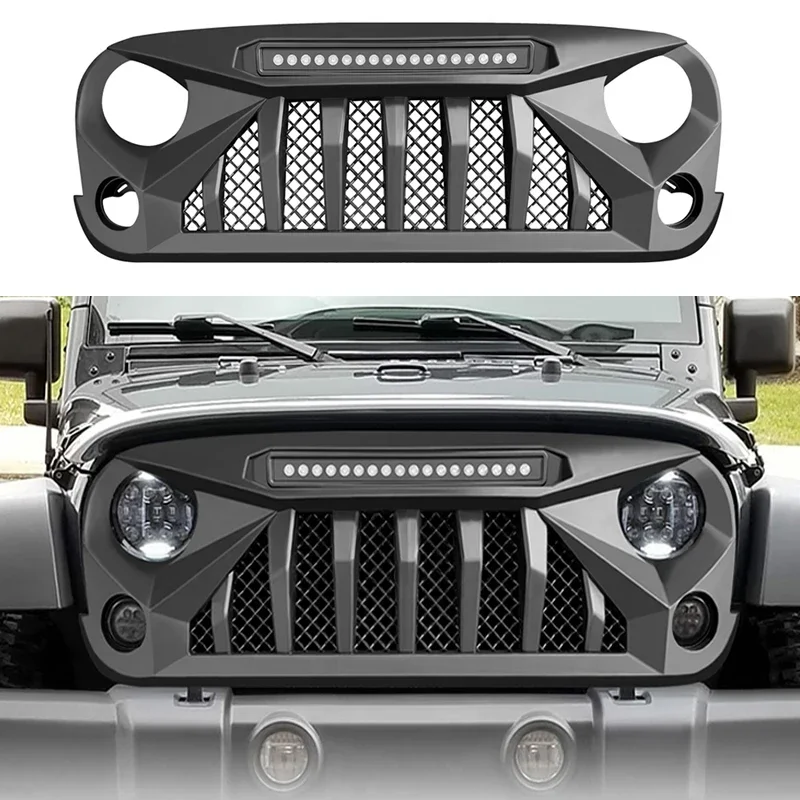 

FRONT GRILLE FOR JEEP WRANGLER JK JKU 2007-2017 W/LED OFF ROAD LIHTS DEMON STYLE BUMPER UPPER GRILLS MESH COVER