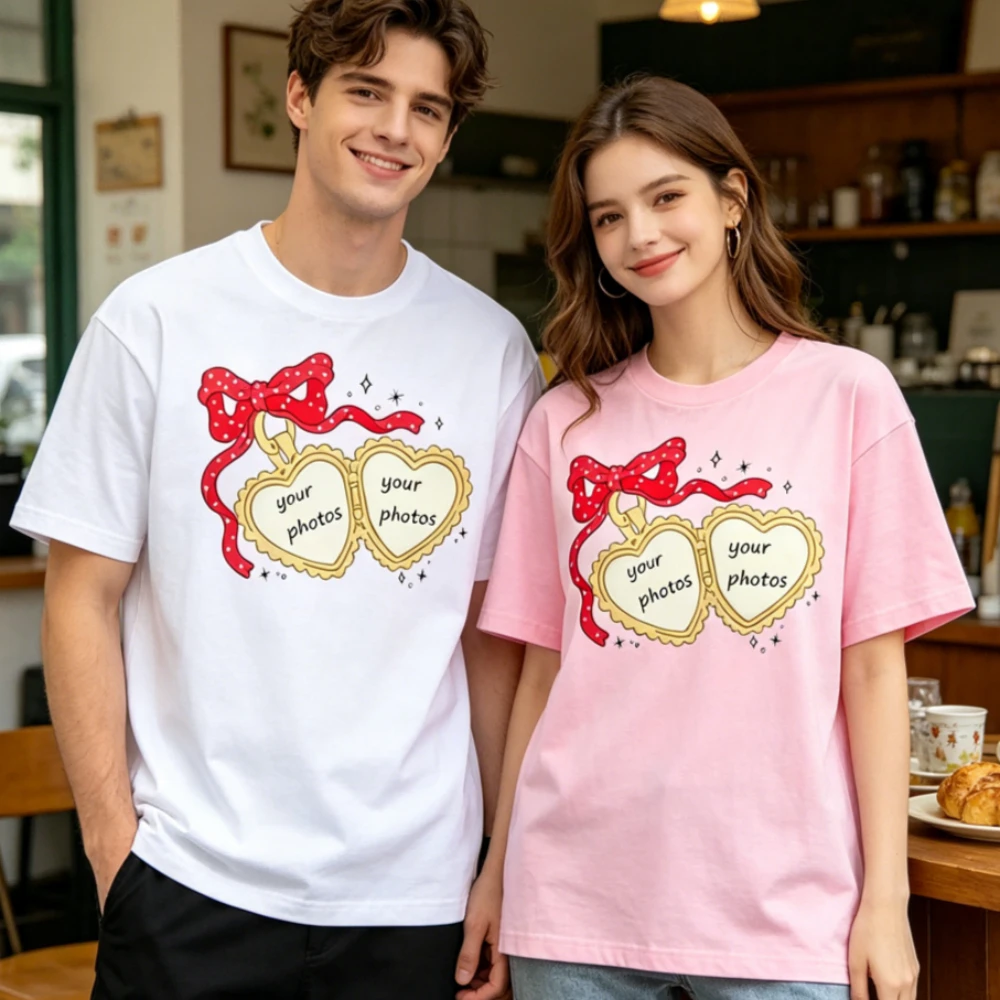 Customized Photo Red Bow Heart Locket Tee Magical Couple Gift Clothing Personalized Fashion Lovers Tshirt Women Men Cotton Tops