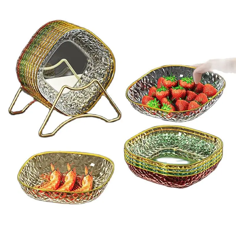 Fashion Fruit Plate Living Room Salad Plate Plastic Tray Home Decoration Golden Edge Stackable Snacks Serving Platter 4pcs/set