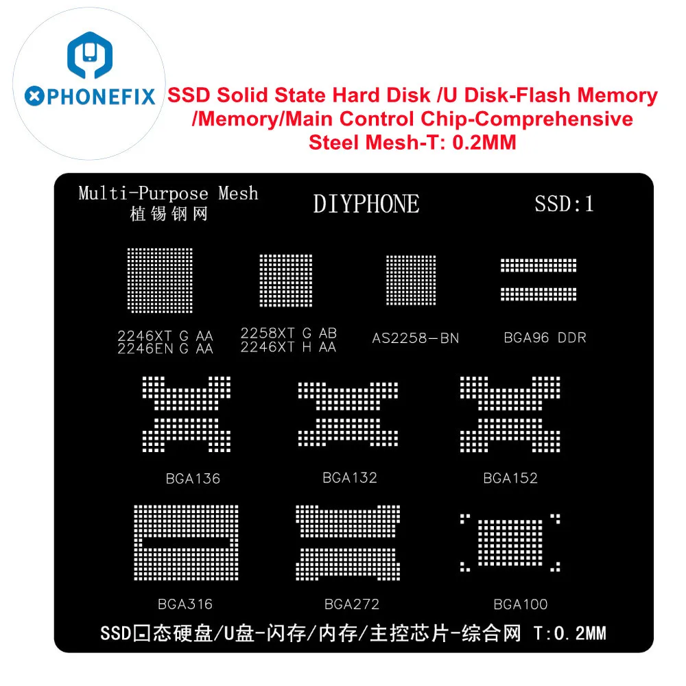 Plantilla de Reballing SSD1 BGA para SSD, disco duro de estado sólido, Memoria Flash BGA 100, 152, 316, 272, plantación de estaño, 2246, 2258, punta de red de acero