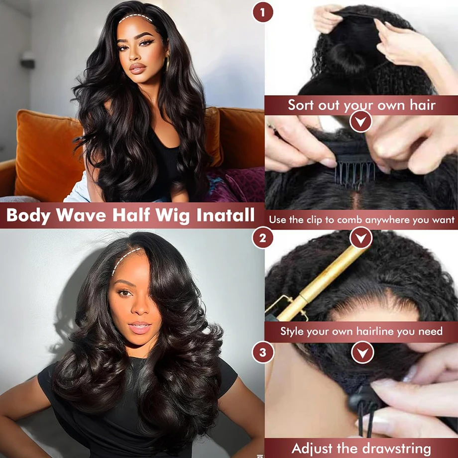 210% Density Body Wave Half Wig Human Hair 3 IN 1 Drawstring Seamless Clip Ins Flip Half Wig Beginner Friendly Full Machine Made Wigs For Women Ready To Wear Natural Black Style Seamless Flip Over Drawstring Headband Wigs Wear Go With Drawstring