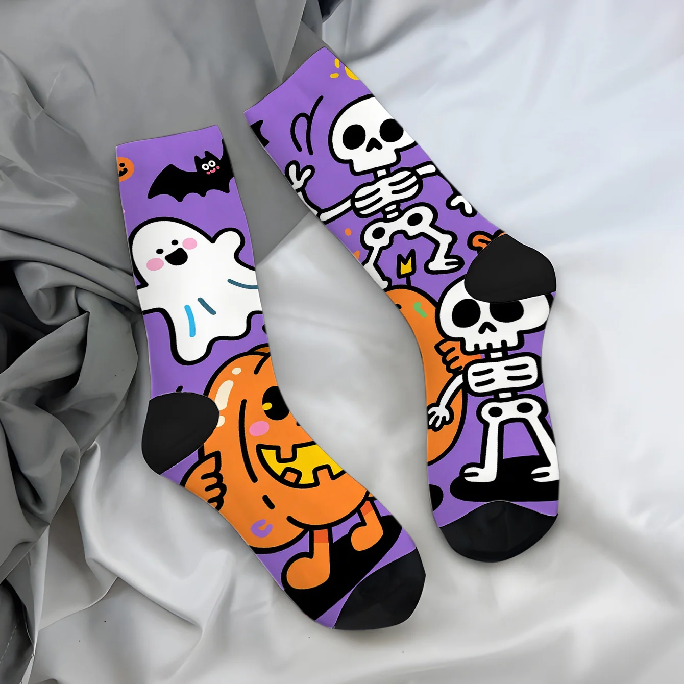 

1 пара носков на Хэллоуин, жуткие тыквенные призраки, кости летучих мышей, фиолетовый, оранжевый, желтый, черный цвет, удобный полиэстер