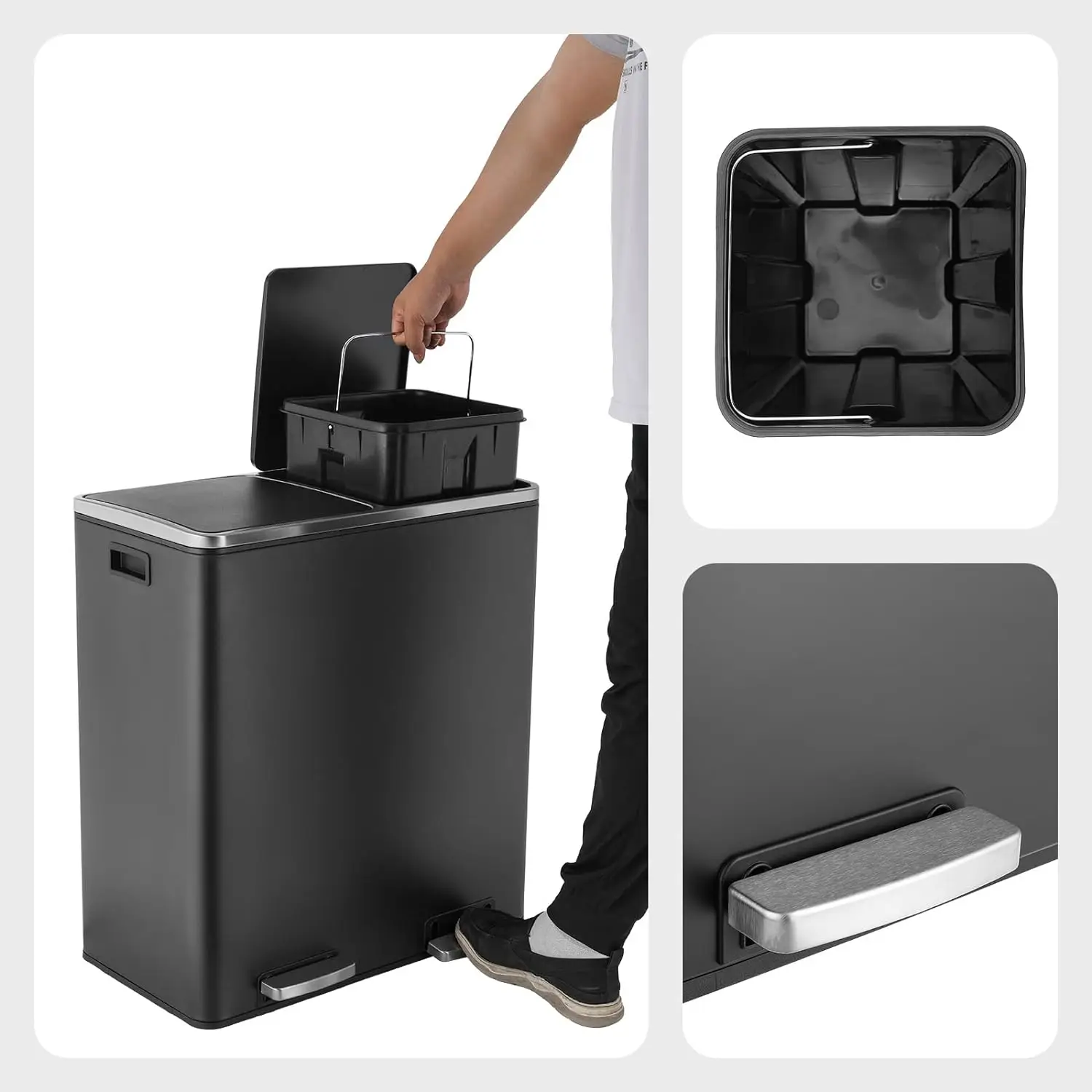 Recycling Rubbish Bin,Stainless Steel Kitchen Bin,Trash Garbage Can,Pedal Waste bin,60 L-2 x 30 Litres,with Soft Close Lid,Black