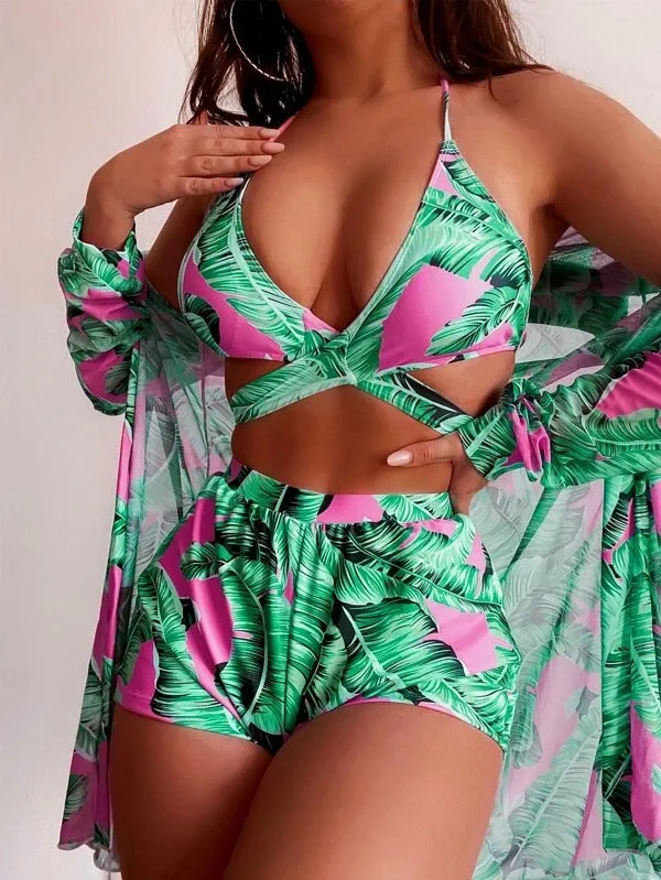 2024 New 3 Pieces Beach Bikini Set High Waist Shorts Swimsuit&Kimono Women Swimwear Female Sexy Beachwear Bathing Suit Pool