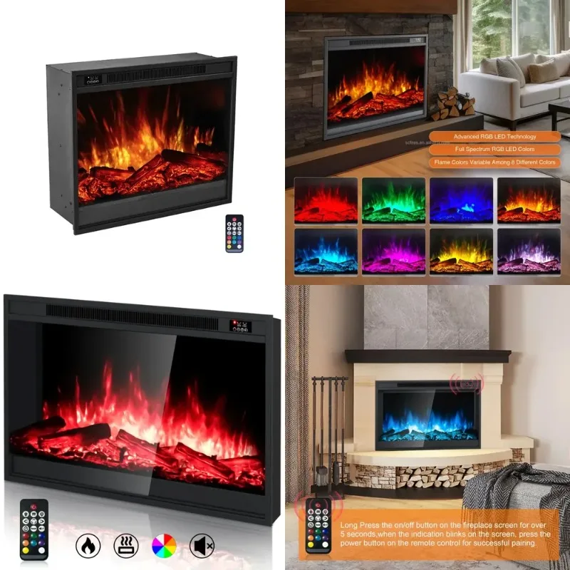 Electric FireplaceTV Stand RGB Electric Fireplace Heater 750w/1500w Wall Recessed Electric 24 Inch Square Fireplace